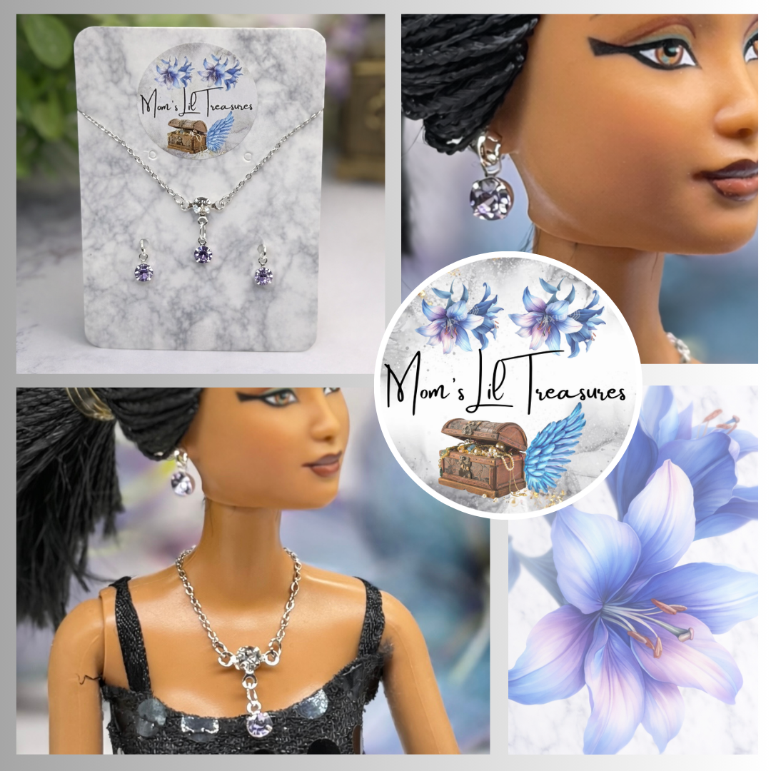 Misty Purple & Clear Rhinestone Y-Style Silver  Doll Necklace & Earrings for 10-12 Inch Fashion Doll1