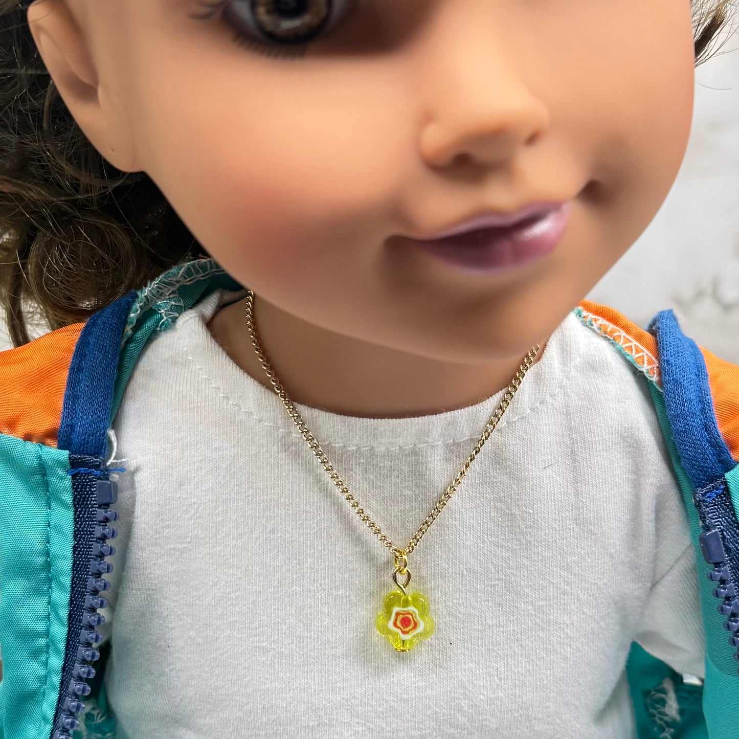 Yellow Translucent Flower Charm Gold Chain Doll Necklace • 18 Inch Fashion Doll Jewelry