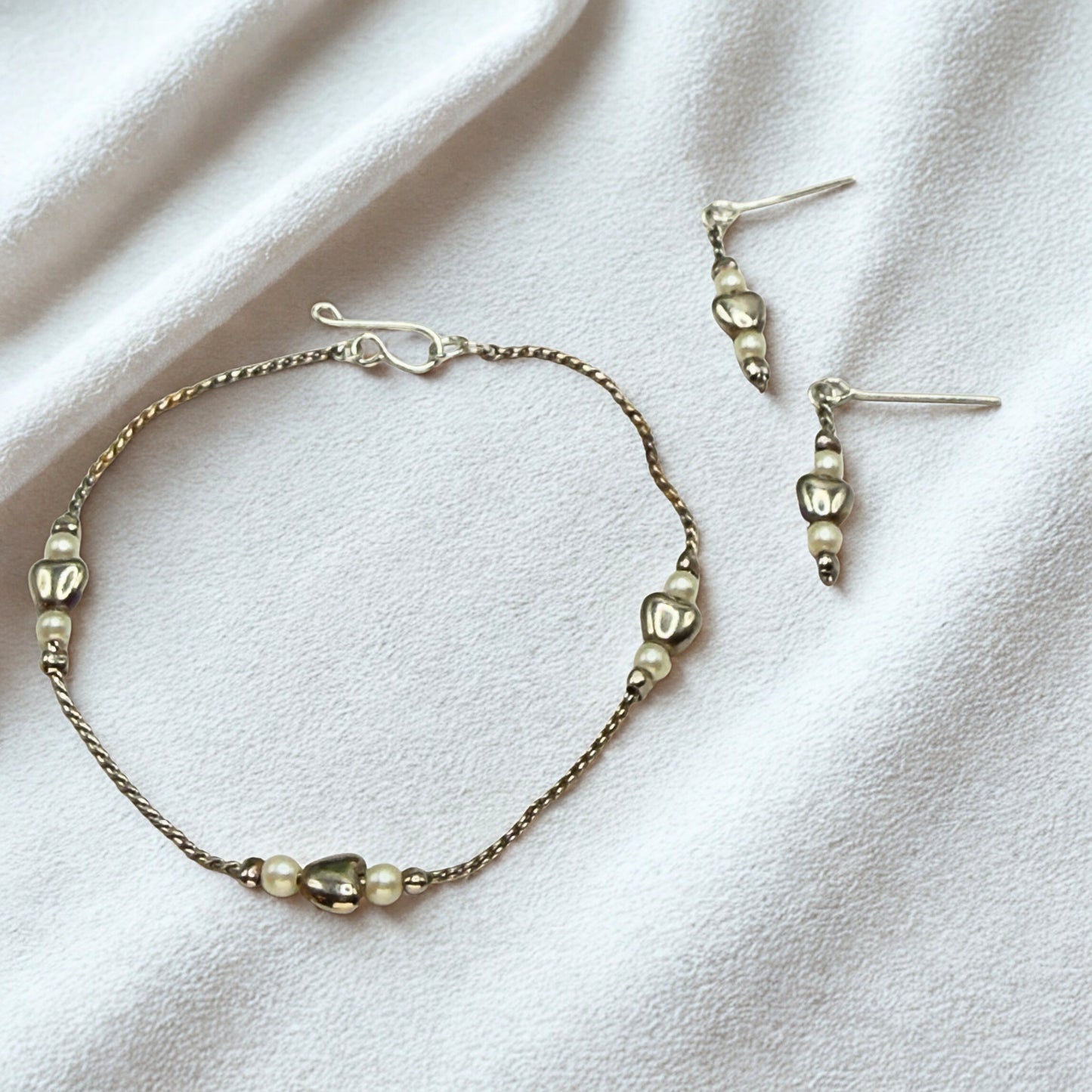 Silver Heart & Pearl Beaded Doll Necklace & Earrings Set • 18 Inch Fashion Doll Jewelry