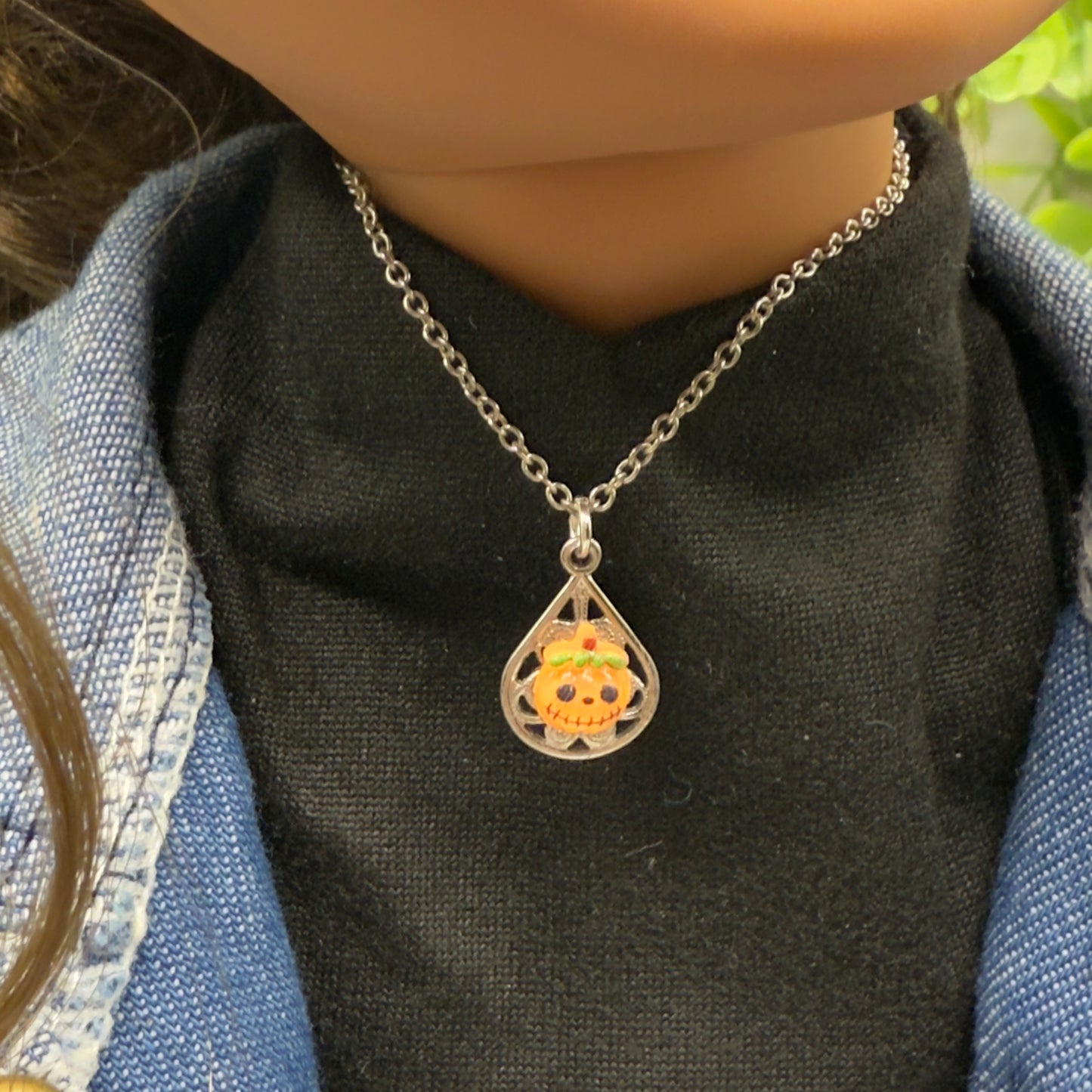 Pumpkin Halloween Pendant Silver Doll Necklace and Post Earrings • 18 Inch Fashion Doll Jewelry