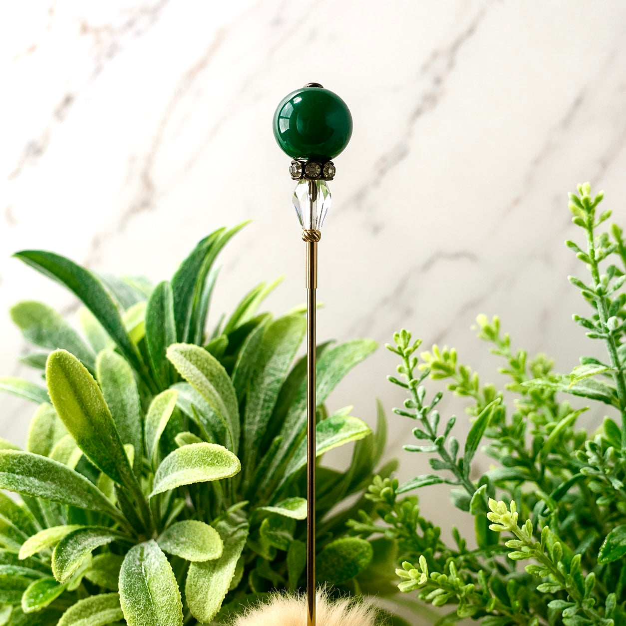 Green Glass - Rhinestone - Clear Crystal - 6” Pin • Hatpin - Stick Pin