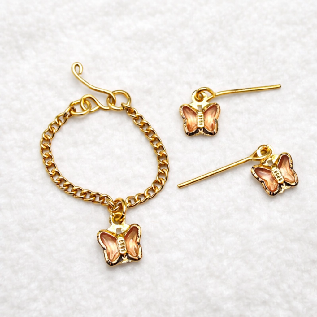 Peach Pink Crystal Butterfly Gold Chain Doll Necklace & Earrings • 10-12 Inch Fashion Doll Jewelry 1:6