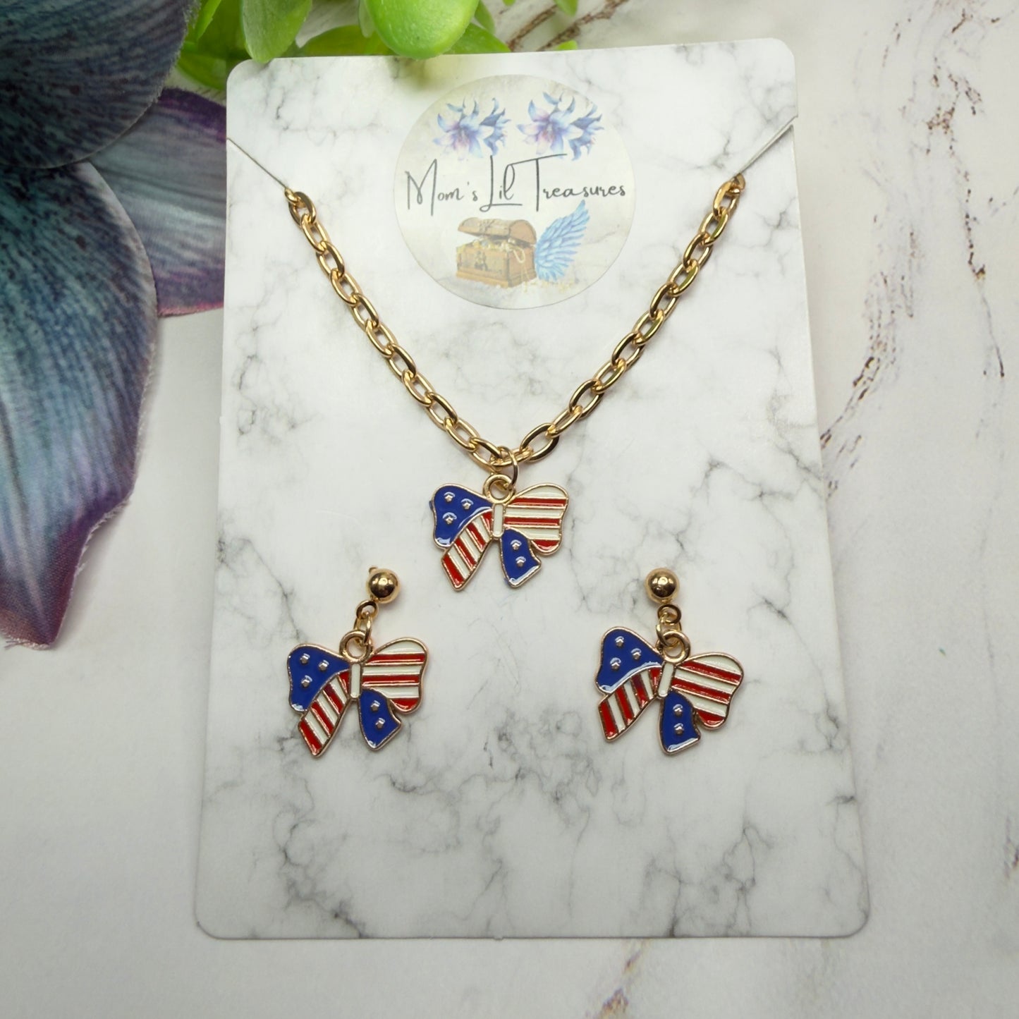 American Flag Bow Charm (Red White Blue) Doll Necklace & Earrings for 18 Inch Fashion Doll
