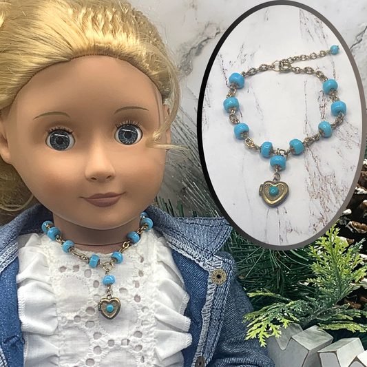 Blue Glass Beaded Heart Locket Gold Tone Chain Doll Necklace • 18” Doll Jewelry