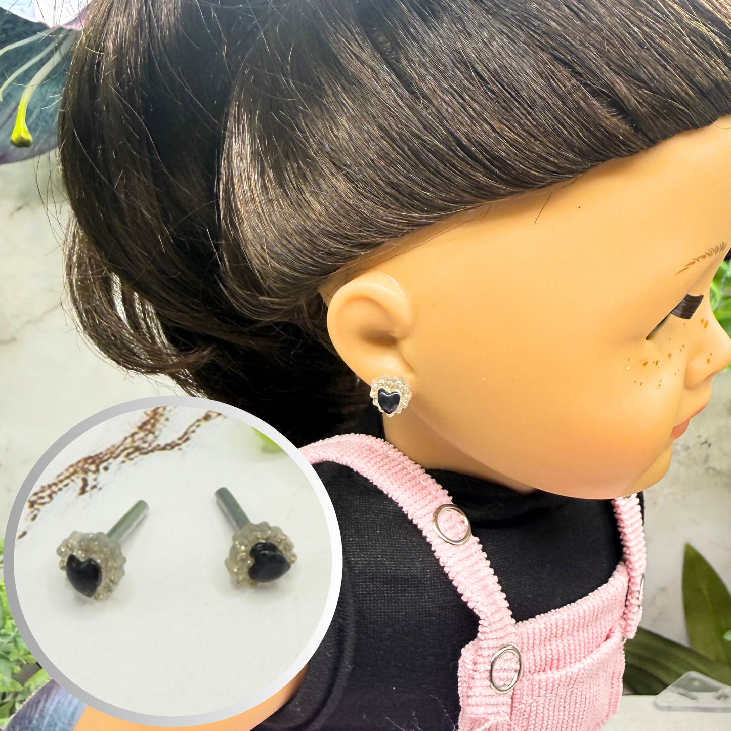 Black Center Glittery Ruffle Heart Post Doll Earrings • 2mm Post for 18 Inch Fashion Doll
