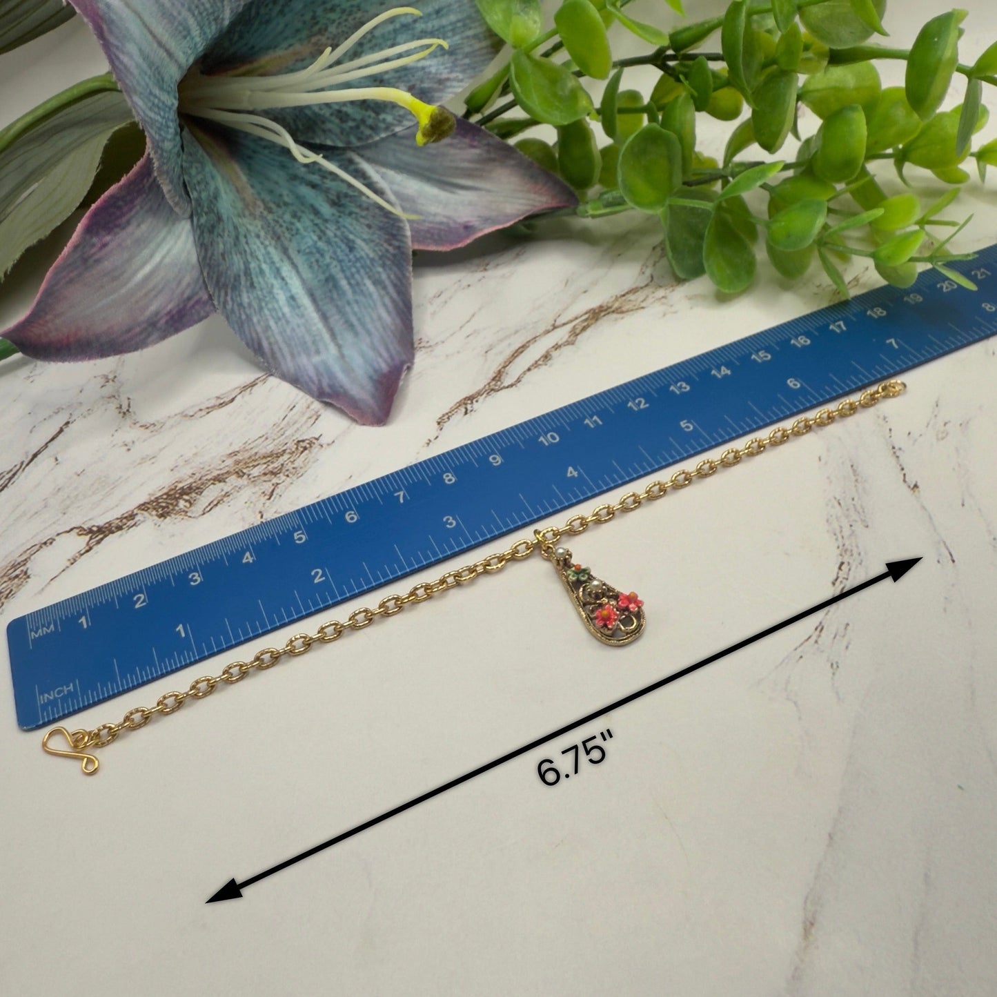 Teardrop Charm Floral Design Gold Chain Doll Necklace • 18 Inch Fashion Doll Jewelry