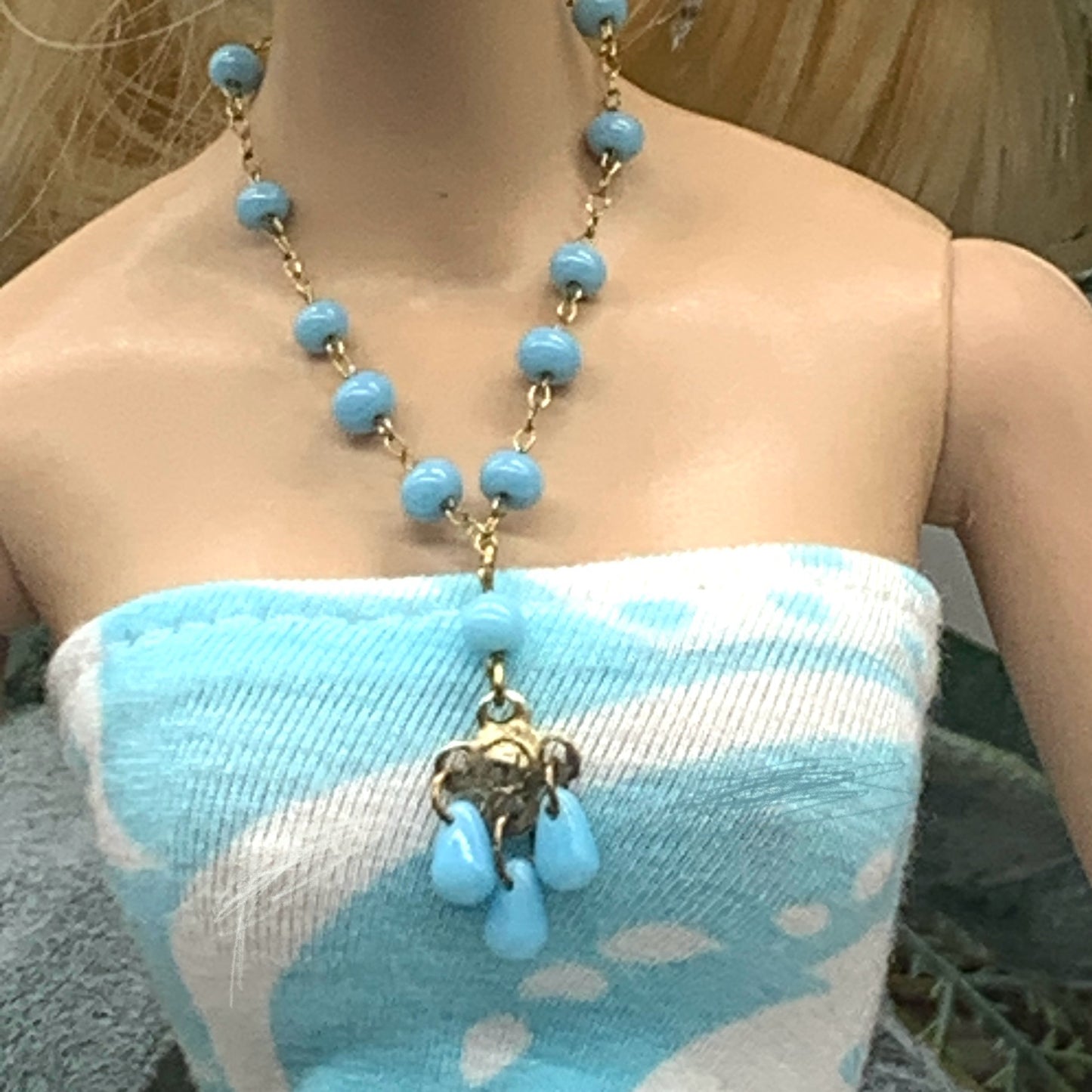 Blue Glass Beaded Pendant Necklace Earring Set • 16 Inch Fashion Doll Jewelry