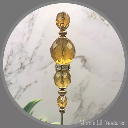 Gold Yellow Amber Color Crystal Rhinestone Beaded 8” Pin • Hatpin - Stick Pin