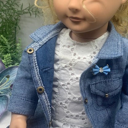 Blue Bow Clear Rhinestone Accent Pin Doll Brooch