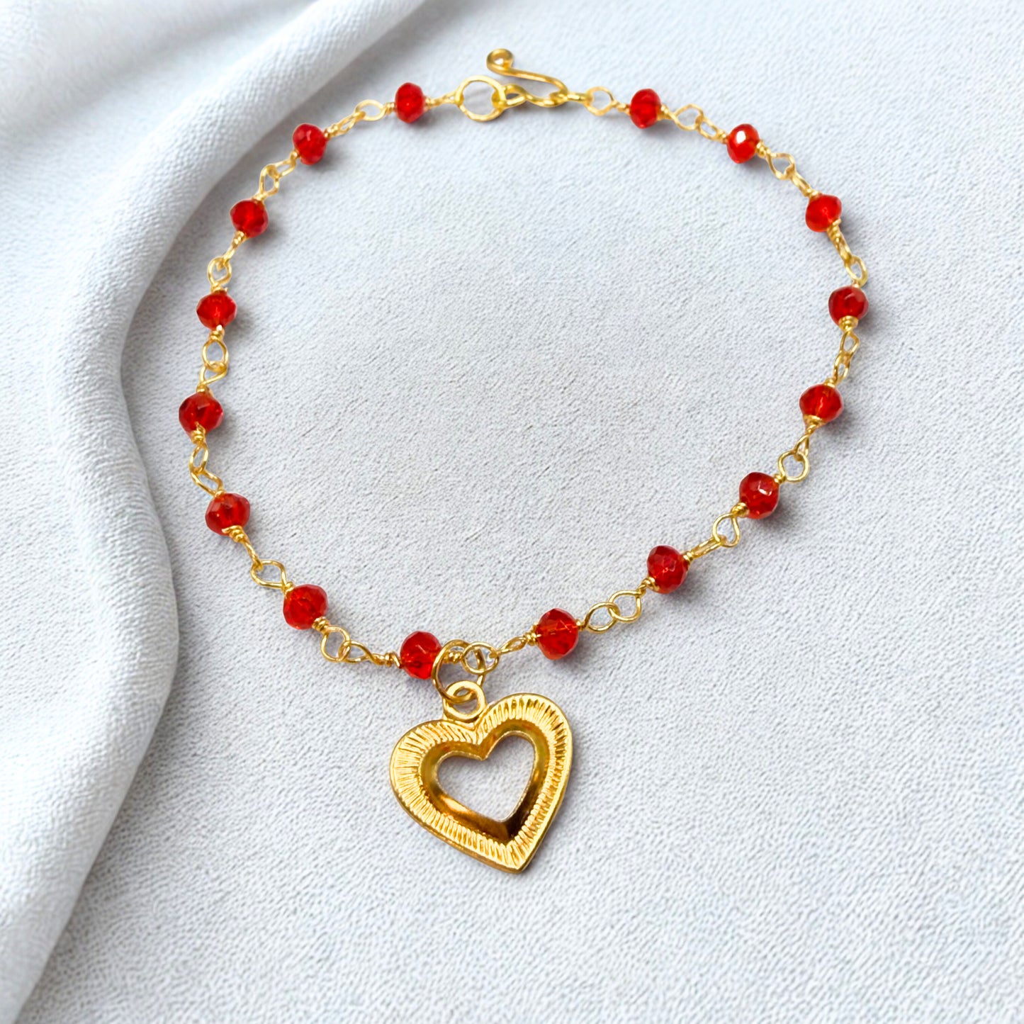 Red Crystal Beaded Link Chain Gold Heart Charm Doll Necklace • 18 Inch Fashion Doll Jewelry