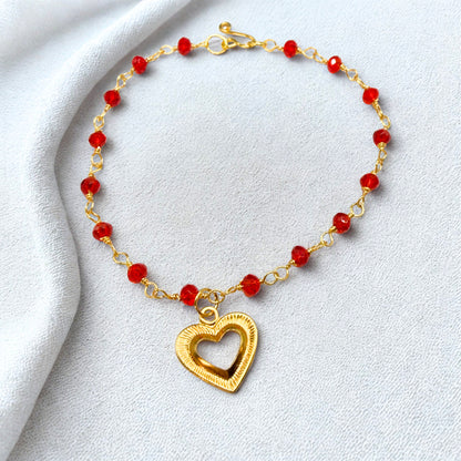 Red Crystal Beaded Link Chain Gold Heart Charm Doll Necklace • 18 Inch Fashion Doll Jewelry