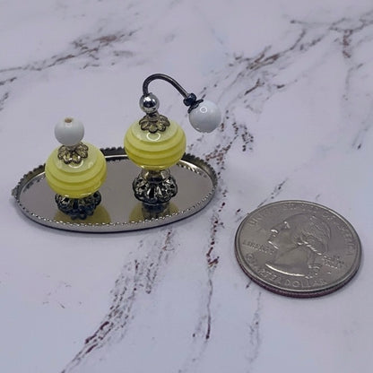 Yellow Swirl Perfume Bottle Set and Silver Vanity Tray • Dollhouse Miniature
