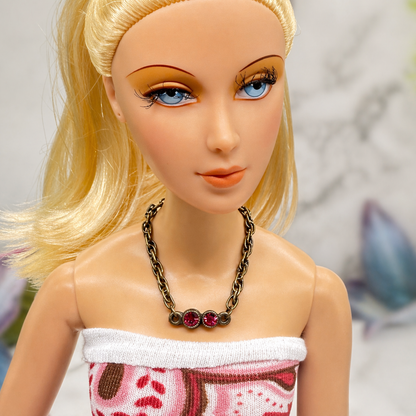 Dark Pink Red Rhinestone Bronze Copper Tone Chain Doll Necklace • 16 Inch Fashion Doll Jewelry