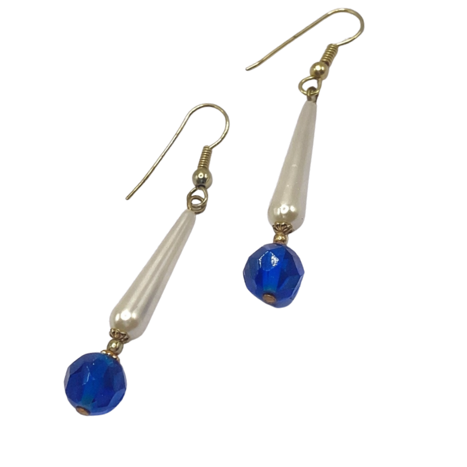Elongated Teardrop Pearl & Blue Glass Crystal Dangle Earrings • Handmade
