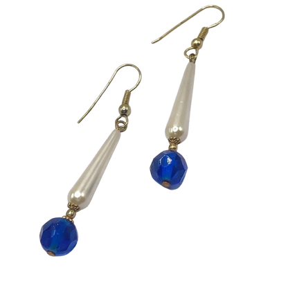 Elongated Teardrop Pearl & Blue Glass Crystal Dangle Earrings • Handmade
