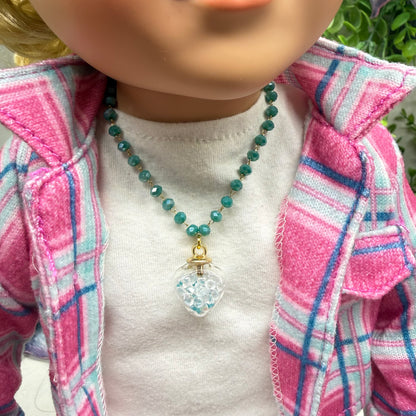 Clear Heart Charm W/ Crystals Turquoise Blue Glass Beaded Doll Necklace • 18 Inch Fashion Doll Jewelry