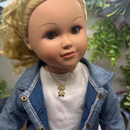 Gold Teddy Bear Rhinestone Accented Pendant Doll Necklace • 18 Inch Fashion Doll Jewelry