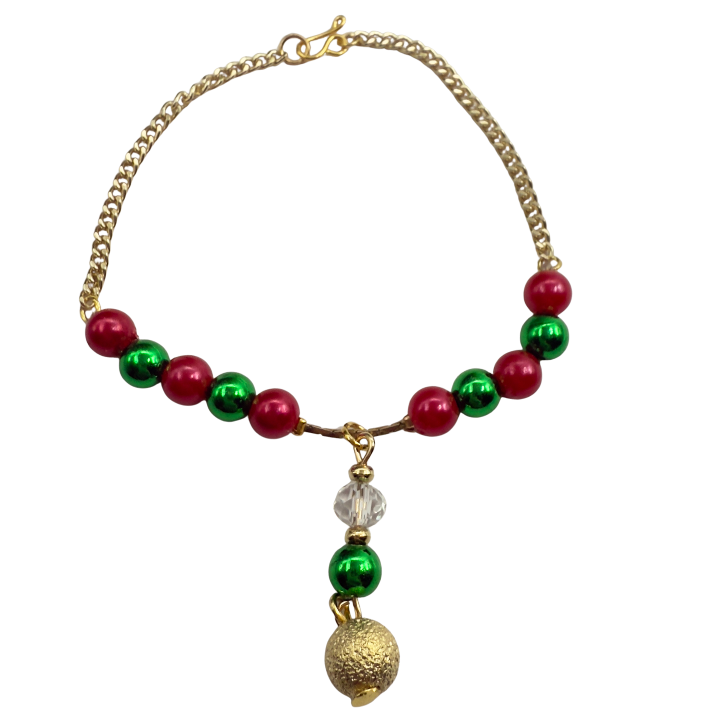 Green & Pinkish Red Pearly Bead Gold Chain Christmas Doll Necklace • 18 Inch Fashion Doll Jewelry
