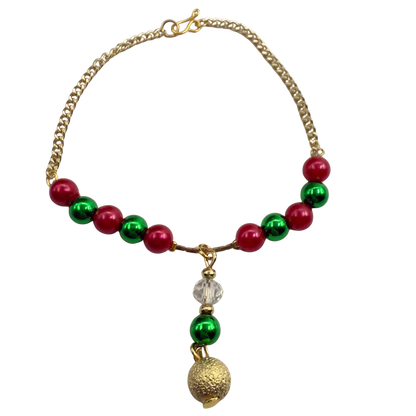 Green & Pinkish Red Pearly Bead Gold Chain Christmas Doll Necklace • 18 Inch Fashion Doll Jewelry