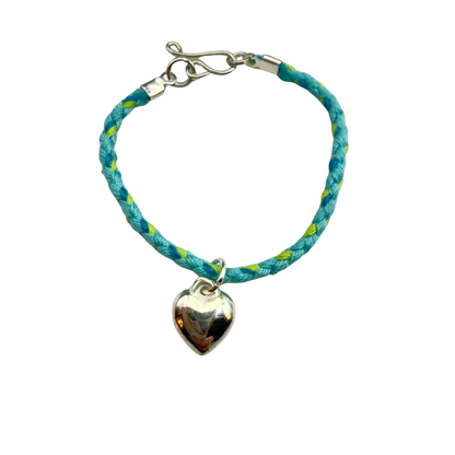 Turquoise Blue Green Braided Thread Doll Necklace w/ Silver Heart Charm • 14 Inch Fashion Doll Jewelry