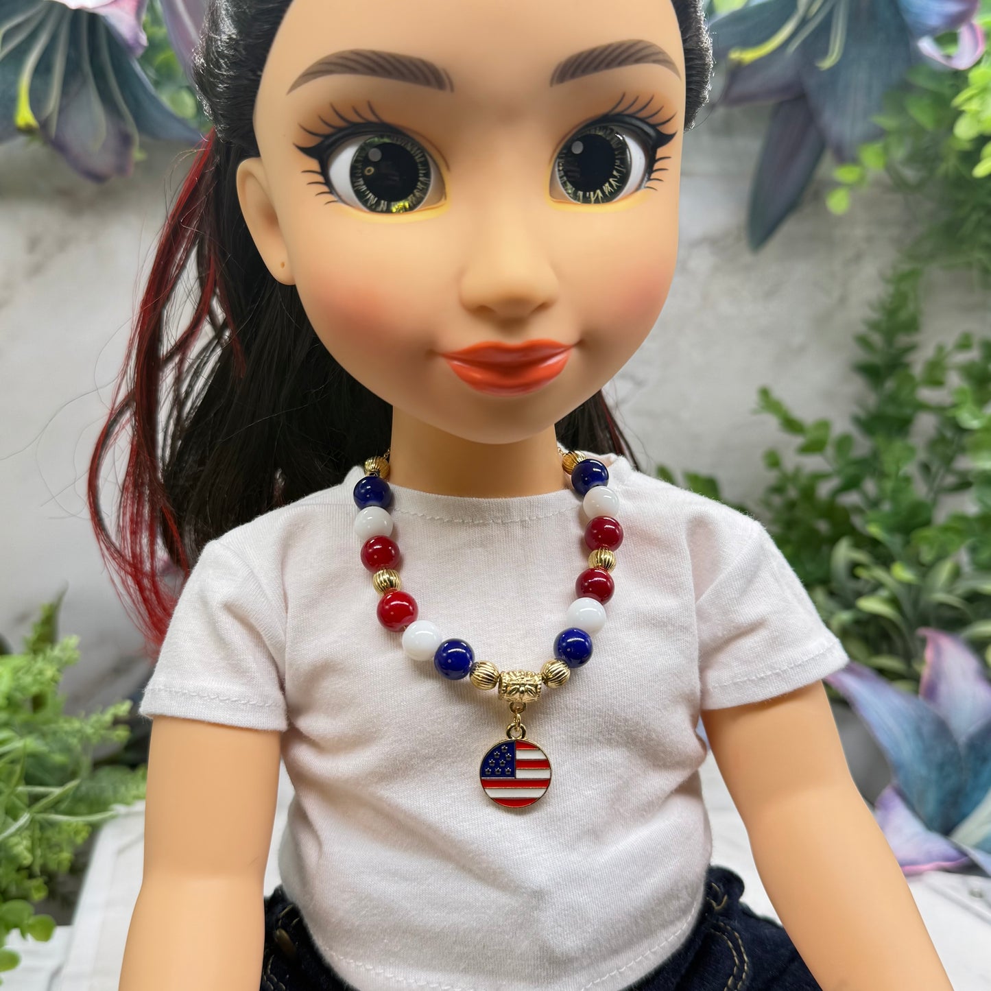 Red White Blue Beaded America Flag Round Charm Doll Necklace for 18 Inch Fashion Doll