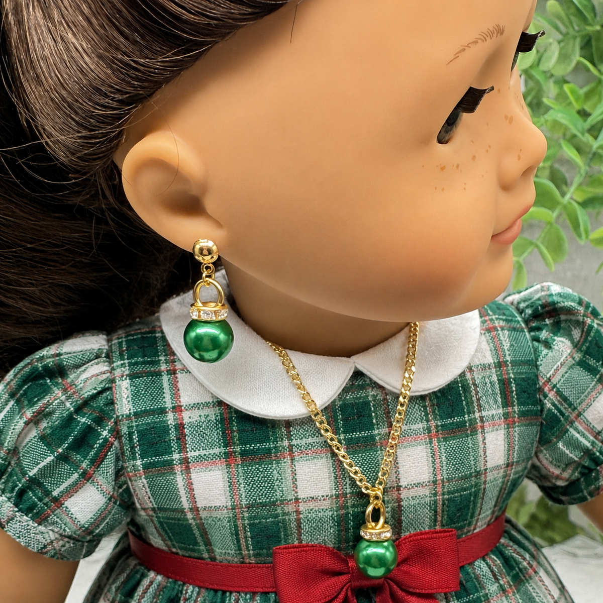 Green Christmas Ball Ornament Charm Doll Necklace & Dangle Doll Earrings • 2mm Post for 18 Inch Fashion Doll
