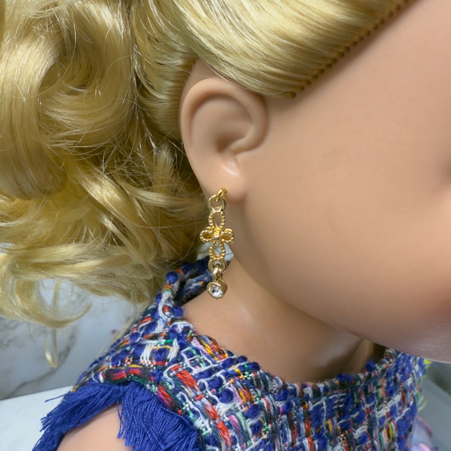 Gold Filigree Clear Rhinestone Dangle Doll Earrings • 18 Inch Fashion Doll Jewelry
