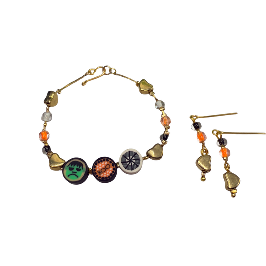 Halloween Boo Spider Web Frankenstein Acrylic Silicone Beaded Doll Necklace and Earrings Set • 18 Inch Fashion Doll Jewelry