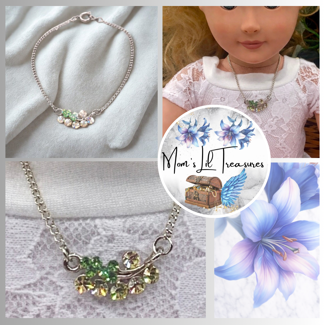 Clear Green Rhinestone Leaf Flower Pendant Gold Doll Necklace • 18” Doll Jewelry