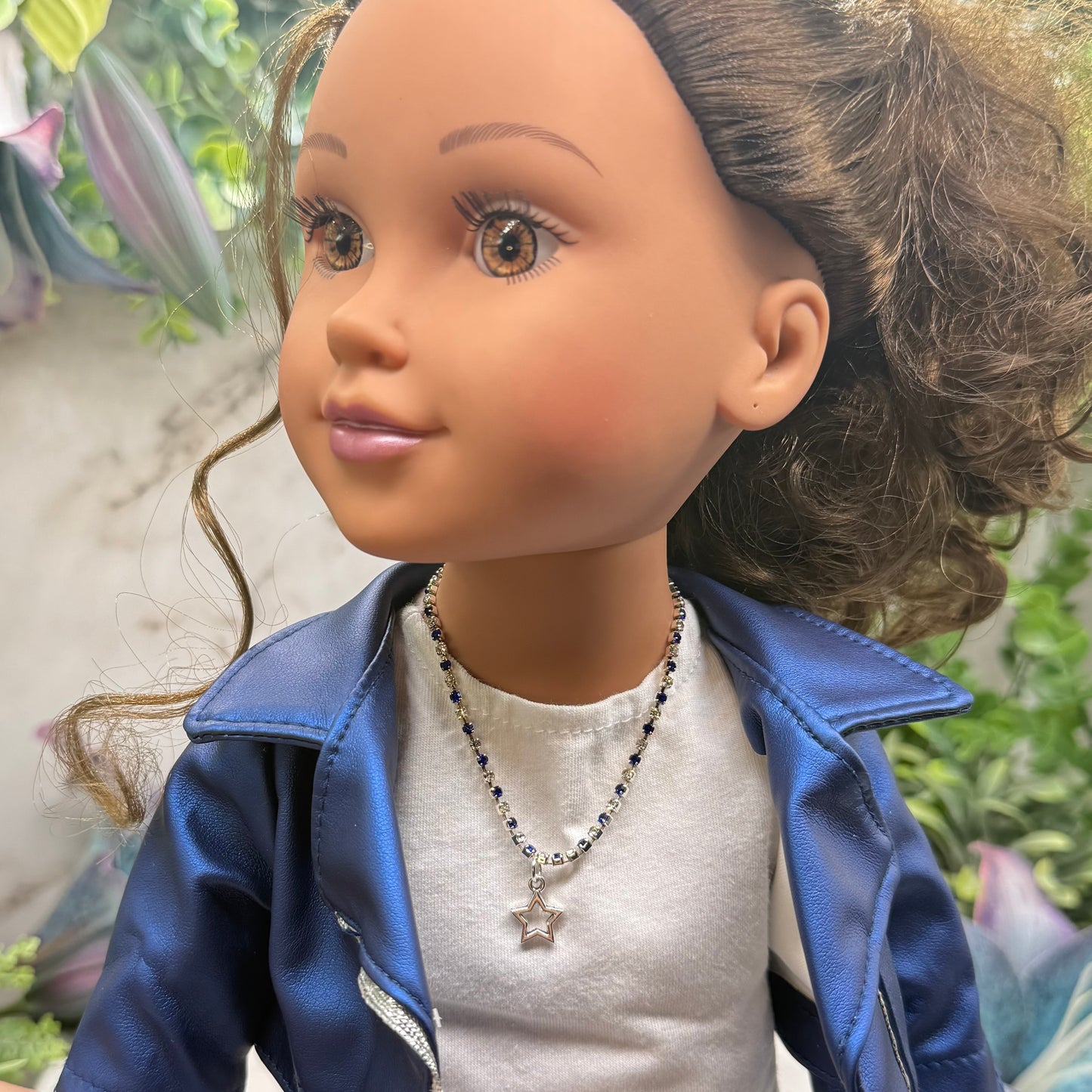 Blue & Clear Rhinestone Silver Star Charm Doll Necklace for 18 Inch Fashion Doll