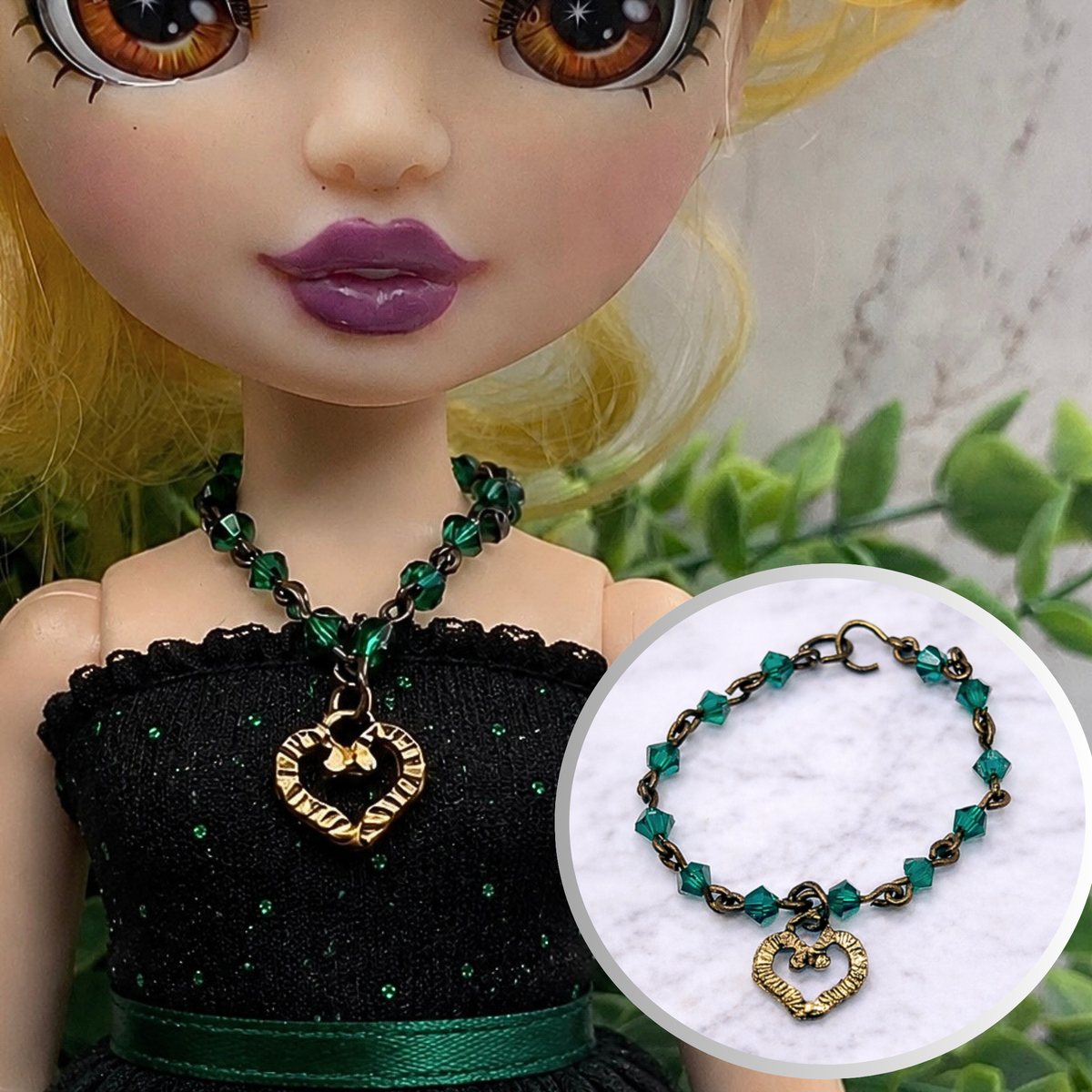 Green Crystal Bead Gold Heart Pendant Doll Necklace • 10-12” Fashion Doll Jewelry