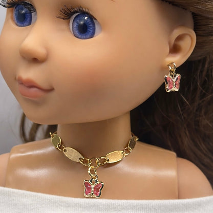 Pink Crystal Butterfly Charm Gold Oval Link Doll Necklace & Earrings • 14 Inch Fashion Doll Jewelry