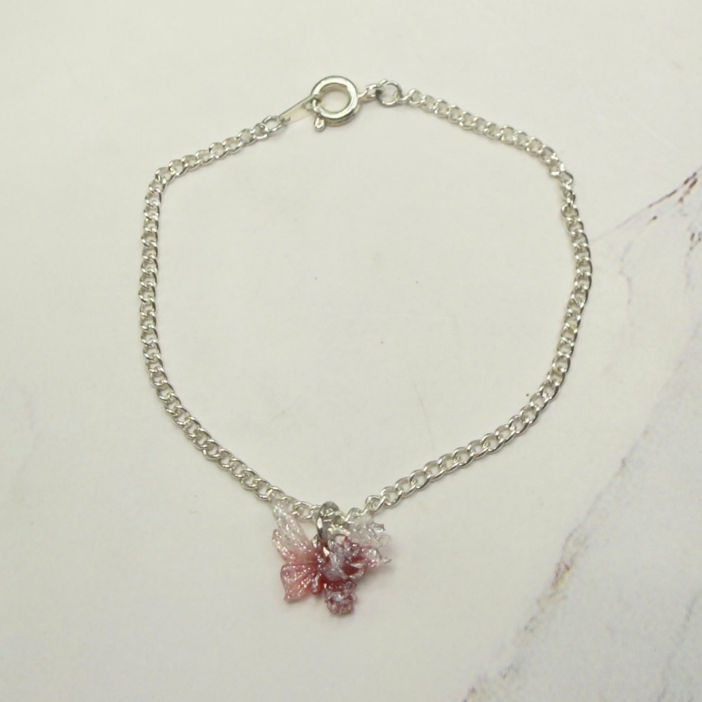 Pink White Glittery Acrylic Floral Butterfly Charm Silver Chain Doll Necklace • 18 Inch Fashion Doll Jewelry