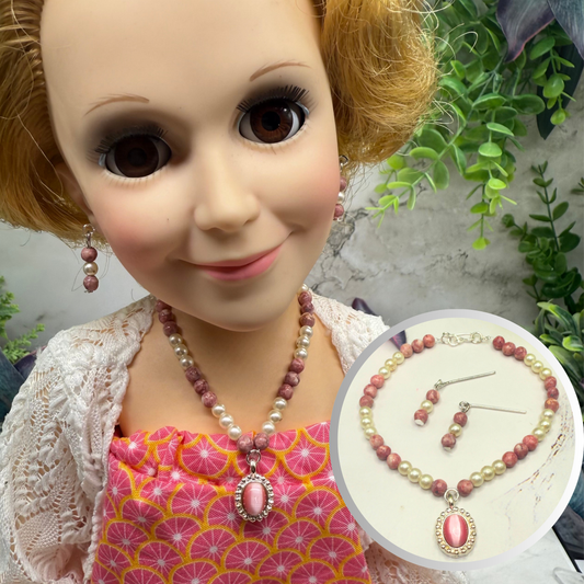 Pink Glass Pearl Oval Pendant Doll Necklace & Earrings • 18 Inch Fashion Doll Jewelry