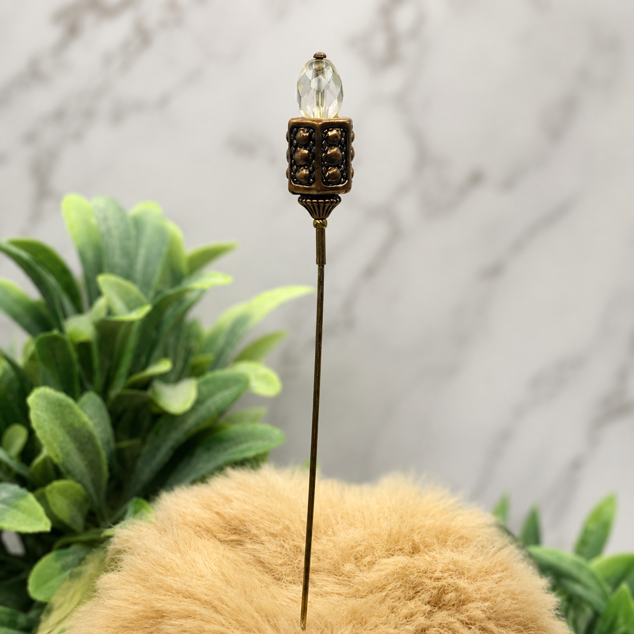 Clear Crystal - Bronze Brass Ornate -  6” Pin • Hatpin - Stick Pin