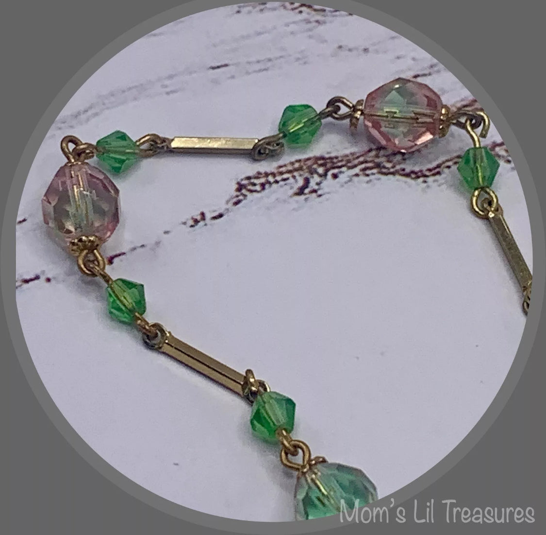 Handmade Pink Green Translucent Glass Crystal Beaded Necklace Earrings Set