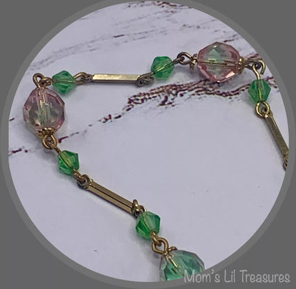 Handmade Pink Green Translucent Glass Crystal Beaded Necklace Earrings Set