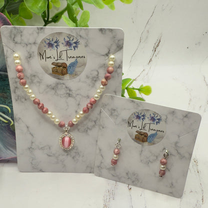 Pink Glass Pearl Oval Pendant Doll Necklace & Earrings • 18 Inch Fashion Doll Jewelry