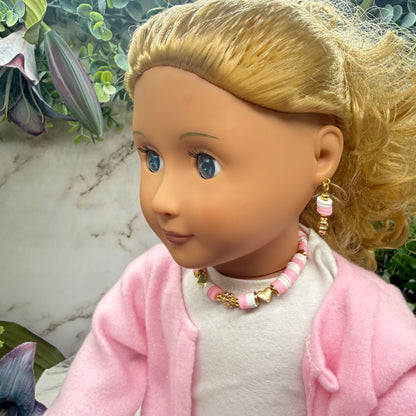 Pink White Disk Beaded Gold Flower Heart Doll Necklace & Earrings • 18 Inch Fashion Doll Jewelry