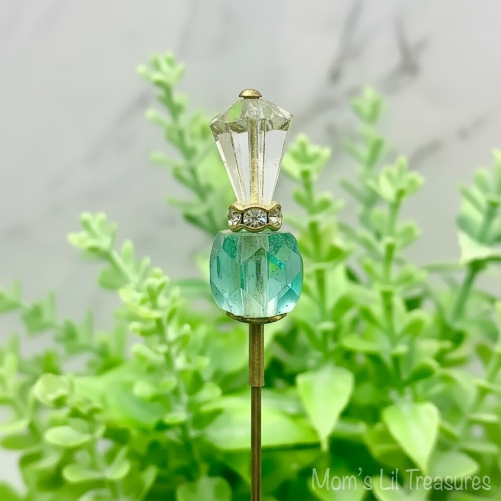 Turquoise Blue Glass Crystal -  Rhinestone Gold Tone 6” Pin • Hatpin - Stick Pin