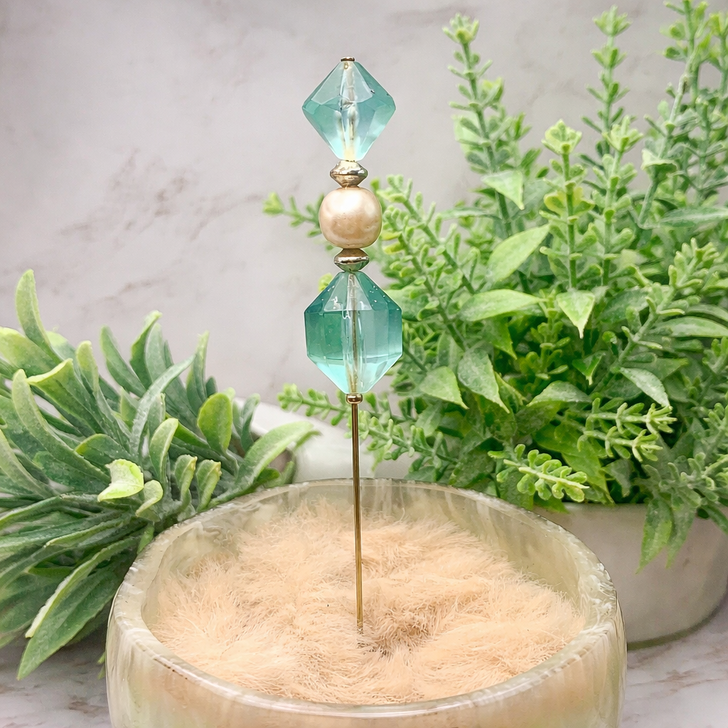 Light Turquoise Acrylic Crystal - Pearl -  6” Pin • Hatpin - Stick Pin