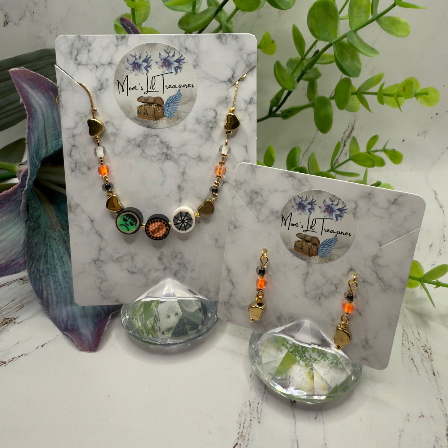 Halloween Boo Spider Web Frankenstein Acrylic Silicone Beaded Doll Necklace and Earrings Set • 18 Inch Fashion Doll Jewelry