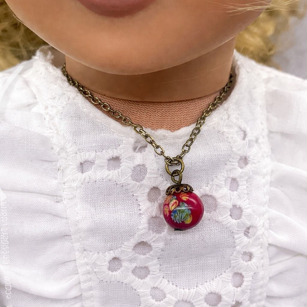 Red Glass Drop Floral Design Pendant Doll Necklace Earring Set 18” Doll Jewelry