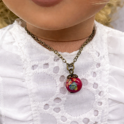 Red Glass Drop Floral Design Pendant Doll Necklace Earring Set 18” Doll Jewelry