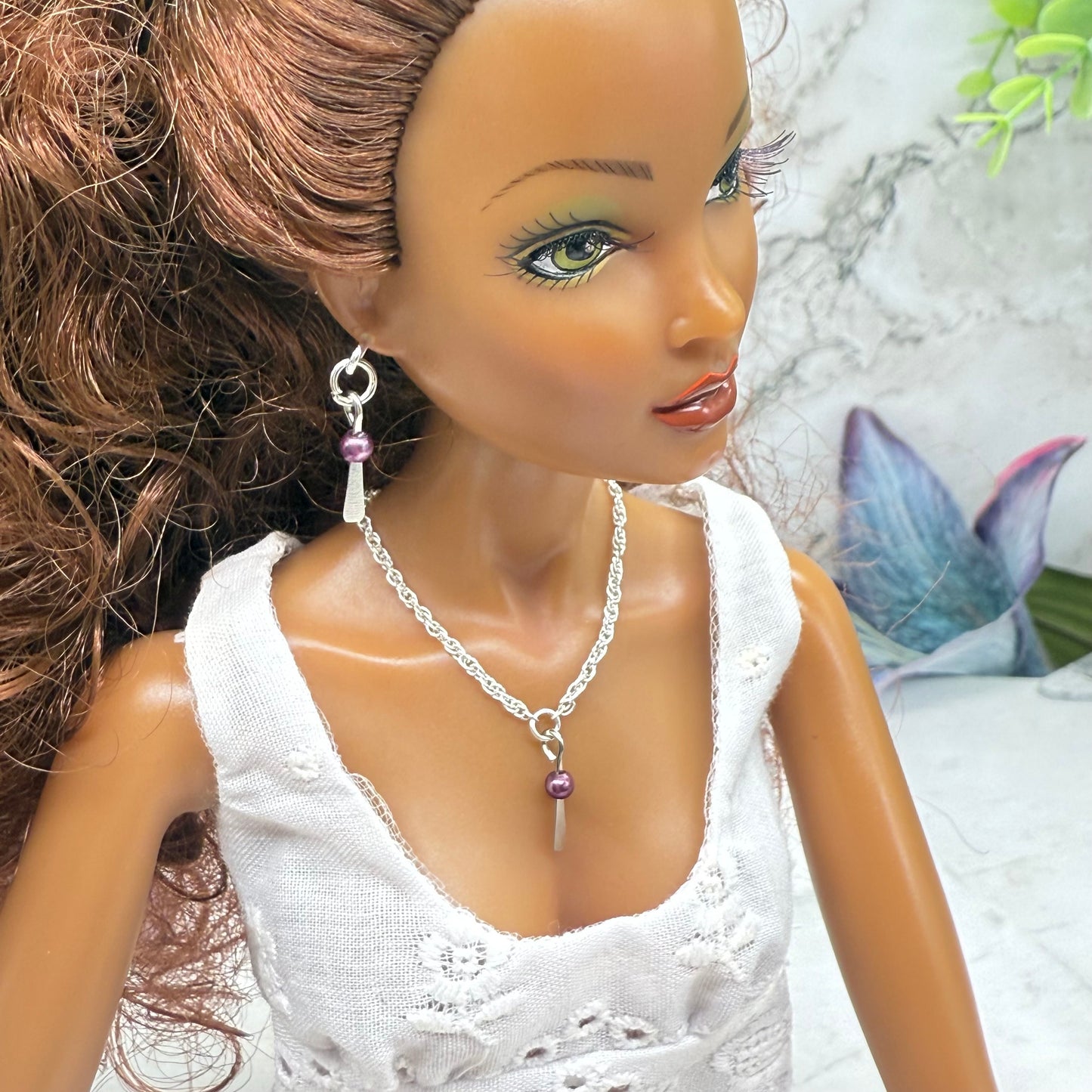 Silver Dangle Purple Pearl Doll Necklace & Earrings • 16 Inch Fashion Doll Jewelry