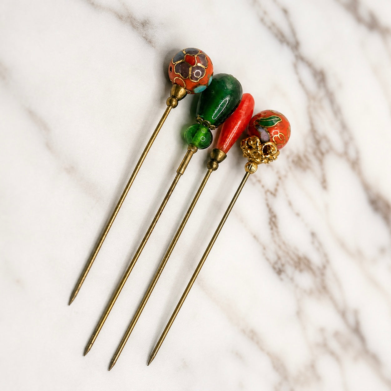Green Orange Glass Flower Cloisonné Set of 4 • Stick Pins, Hatpins Gifts for Her