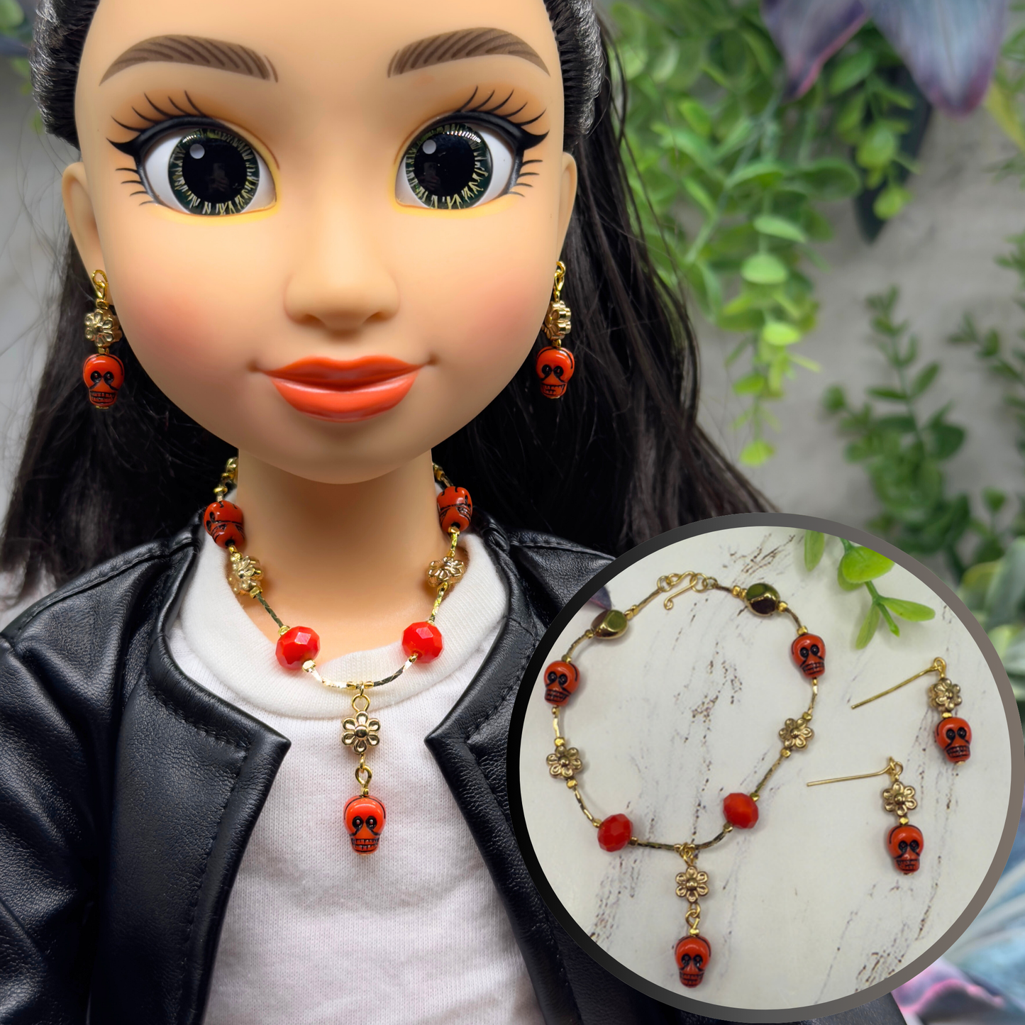 Red Skull Flower Charm Halloween Acrylic Beaded Gold Chain Doll Necklace and Earrings Set • 18 Inch Fashion Doll Jewelry
