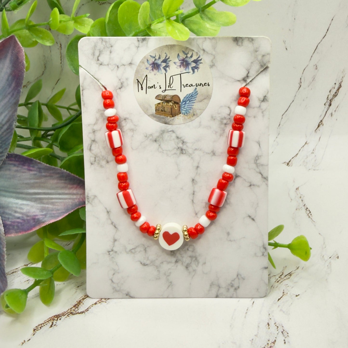 Red White Beaded Heart Valentine’s Day Doll Necklace • 18 Inch Fashion Doll Jewelry