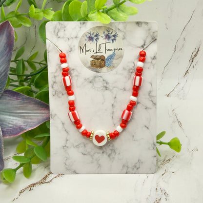 Red White Beaded Heart Valentine’s Day Doll Necklace • 18 Inch Fashion Doll Jewelry