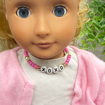 Pink & Pearl Beaded XOXO Doll Necklace Valentine’s Day • 18 Inch Fashion Doll Jewelry